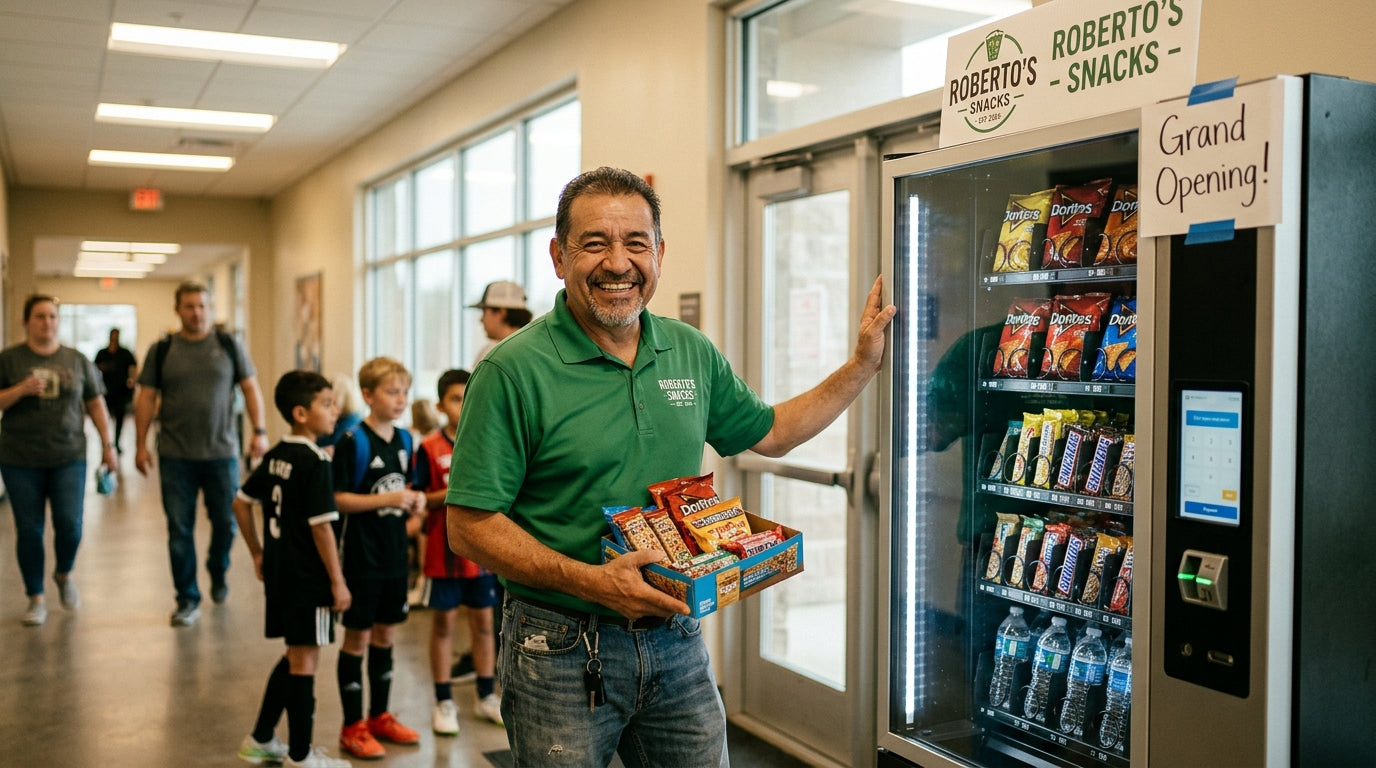 a person happy because he is starting his new snack vending business