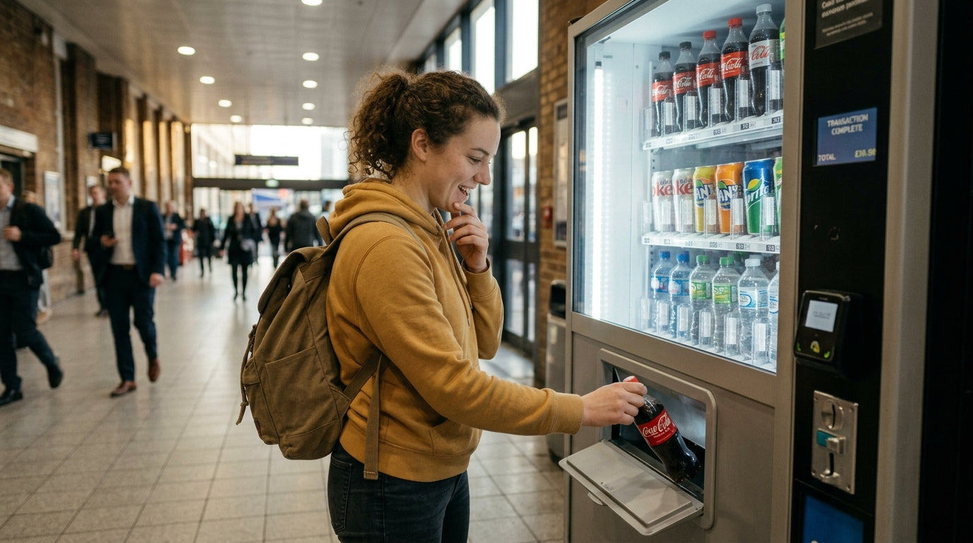 girl taking out cold drink from a drink vending machine