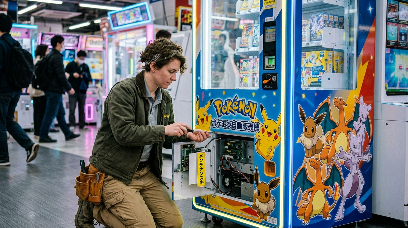 person doing maintenance of Pokémon vending machine