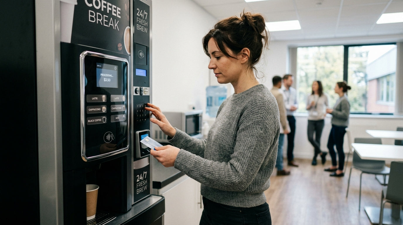 woman buying coffee from a cashless coffee vending machine