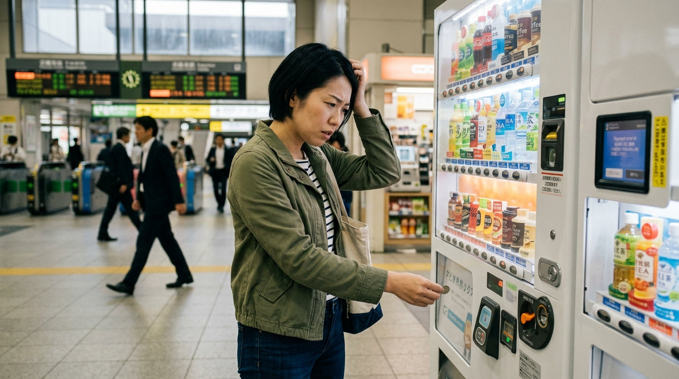 woman trying to figure out how to use drink vending machine