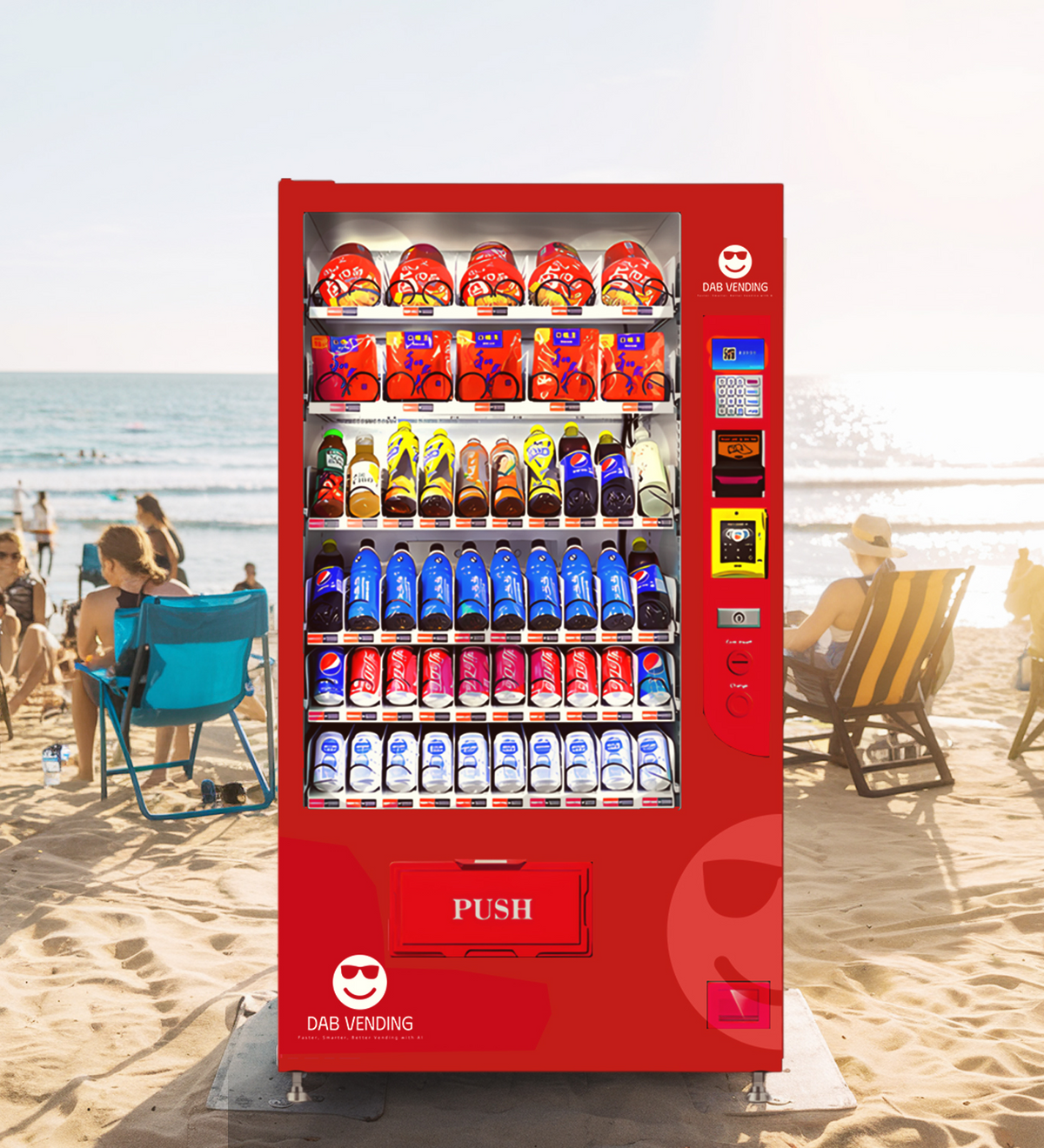 Red custom-branded combo vending machine on a beach