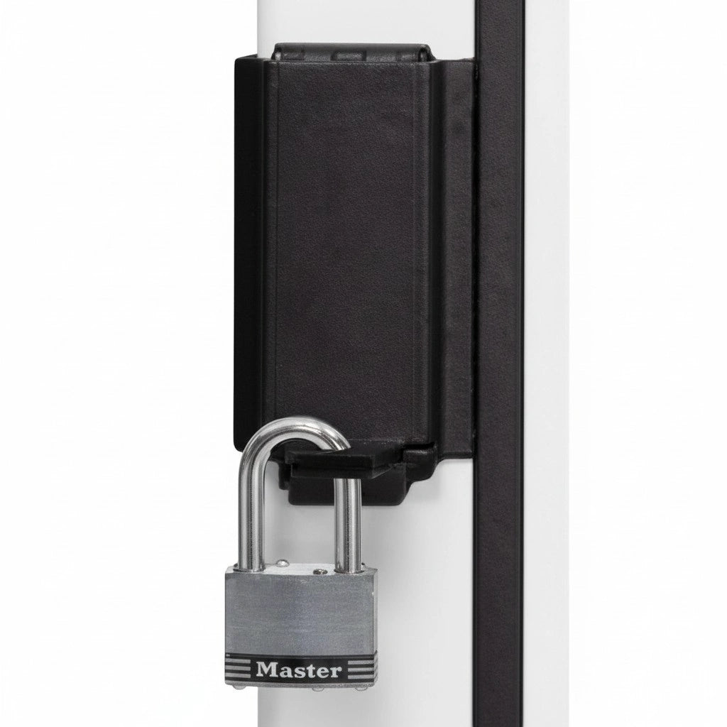 Lock on a white Seaga ENV5C Combo Vending Machin door with a black lock mechanism