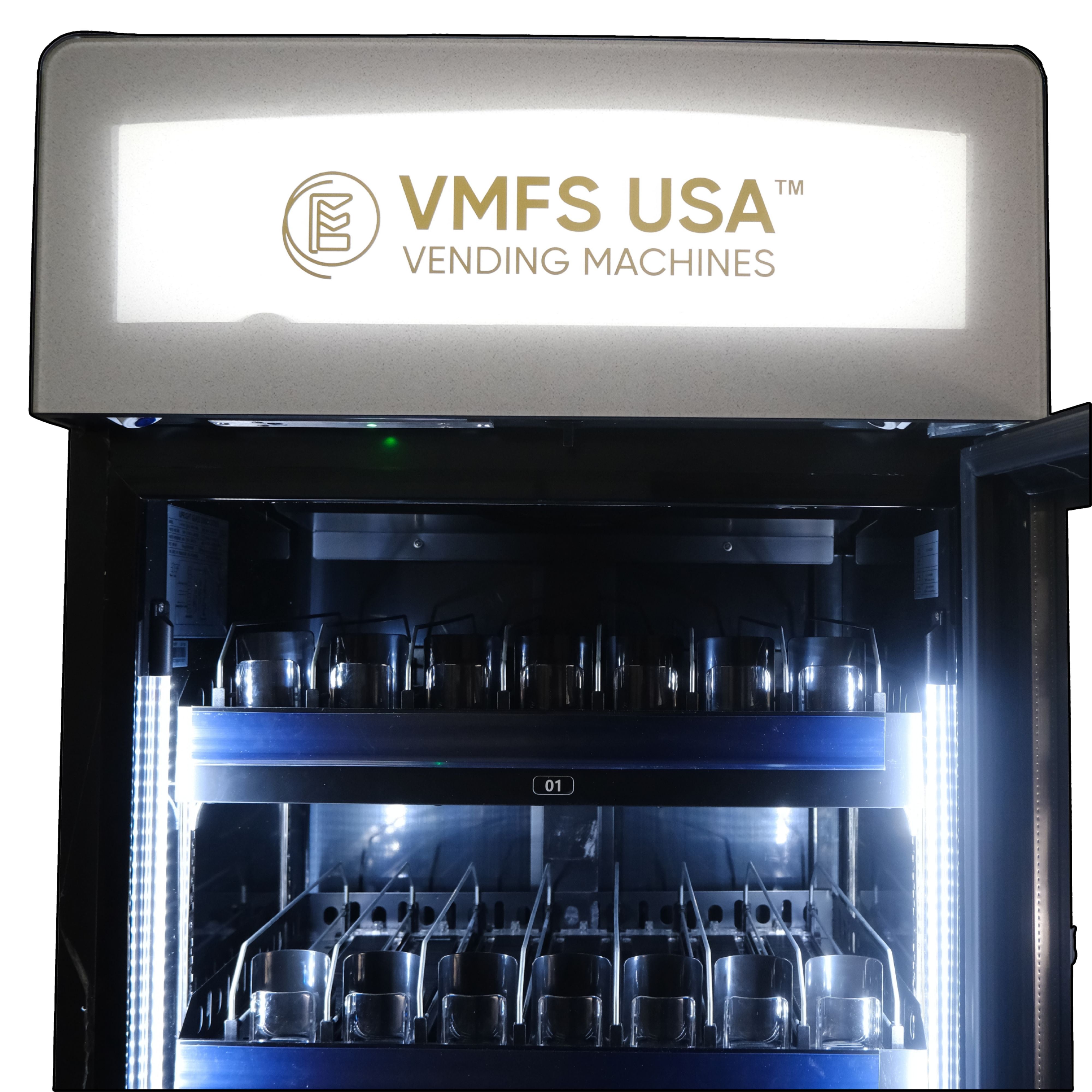 Vending machine with VMFS USA branding on smart cooler vending machine