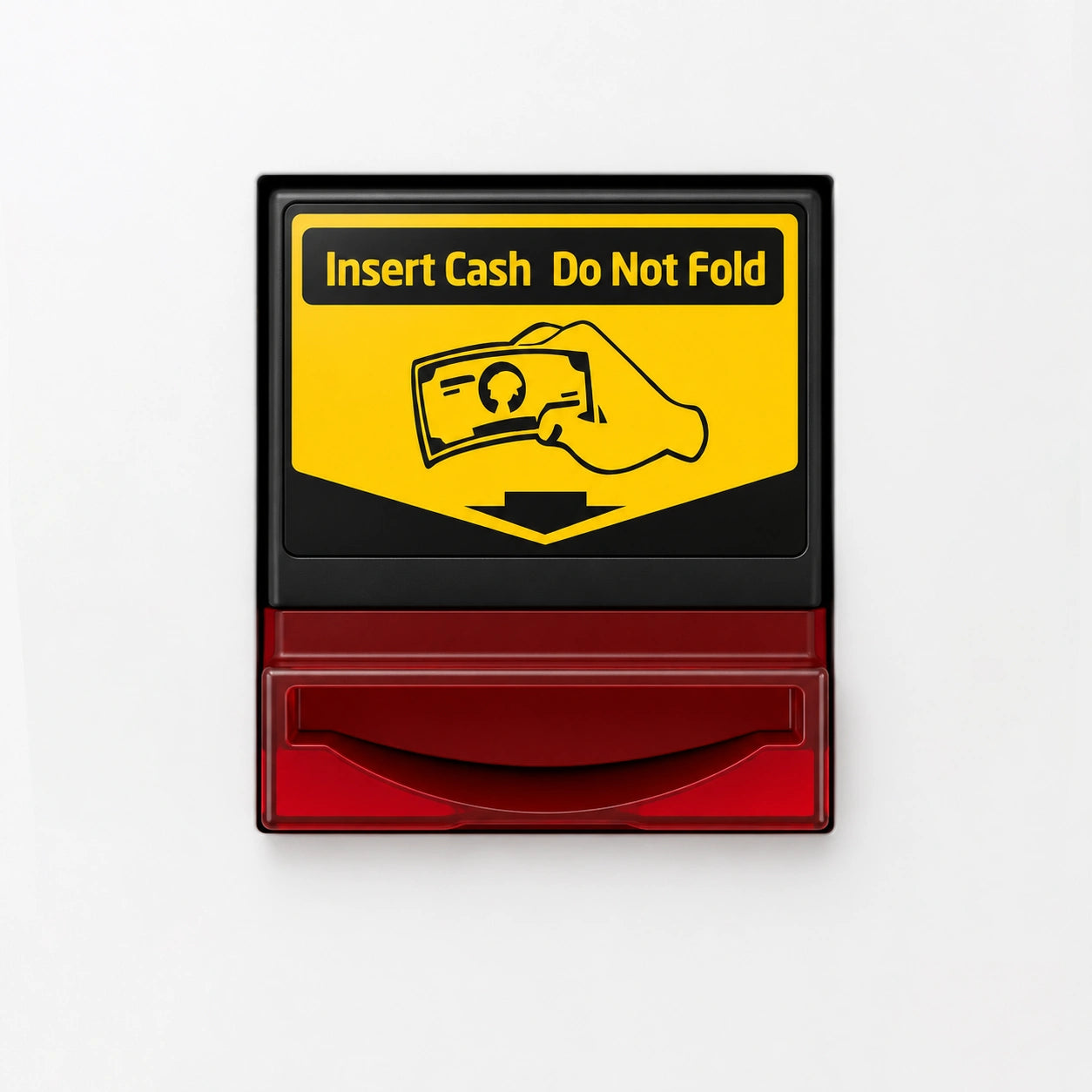 Red and black cash acceptor with yellow warning label on a white background