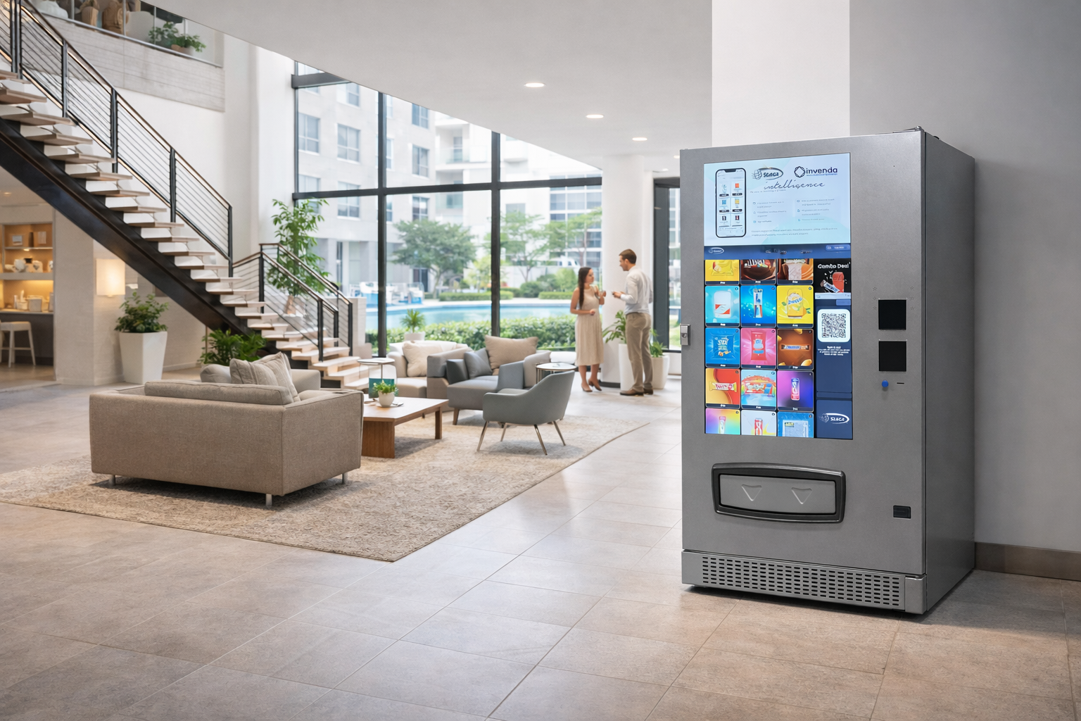 Seaga EnvisionIQ Smart vending machine in a modern living room with people in the background
