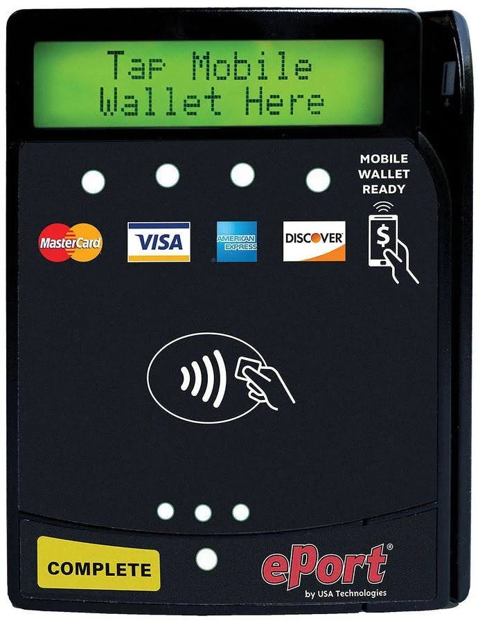Vending Machine Card reader with digital display and brand logos on a black background