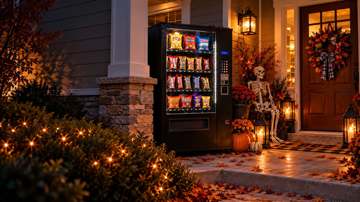 Snack vending machine on a front porch decorated for Halloween with pumpkins, lanterns and a skeleton