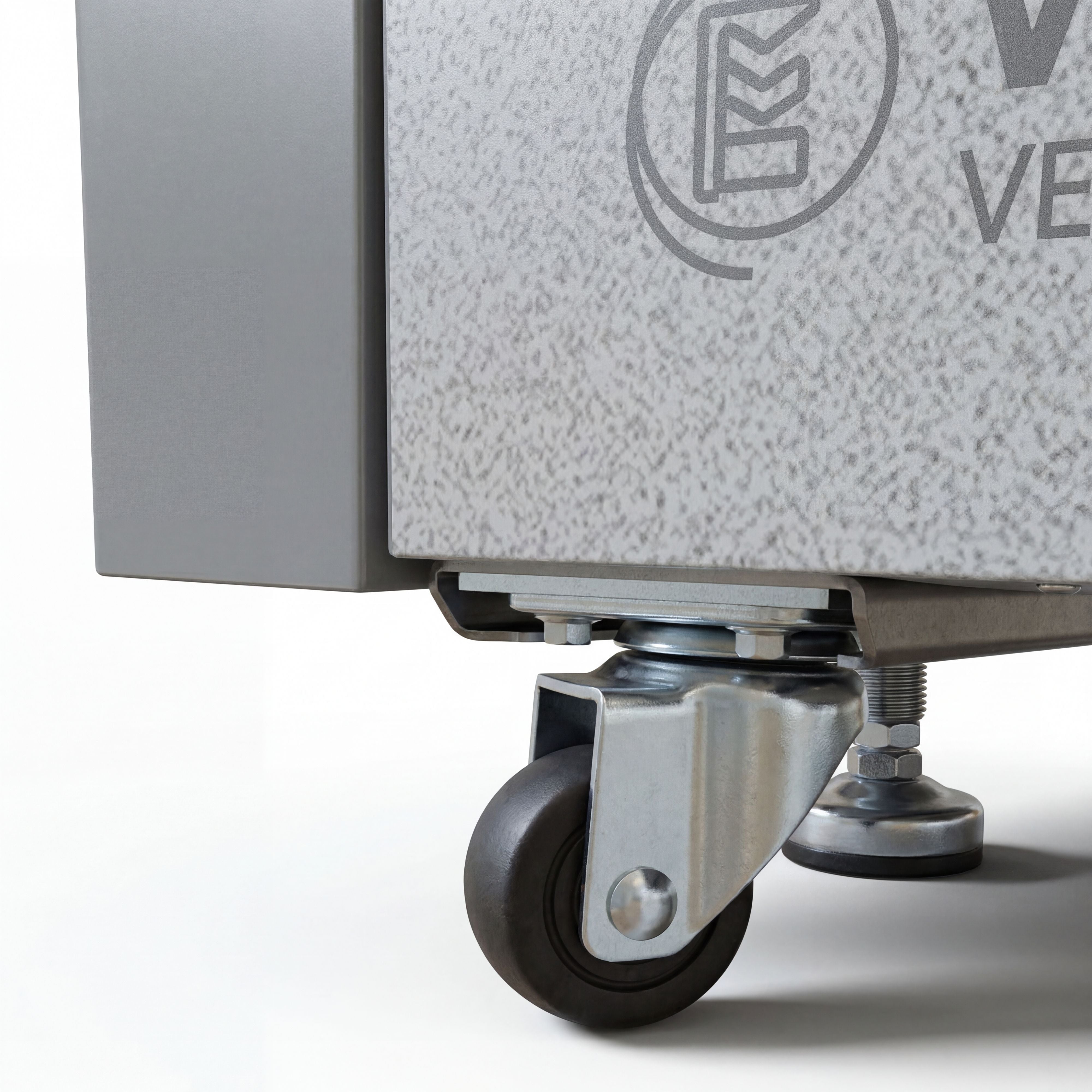 Close-up of a wheels of vending machine with VMFS USA brand logo