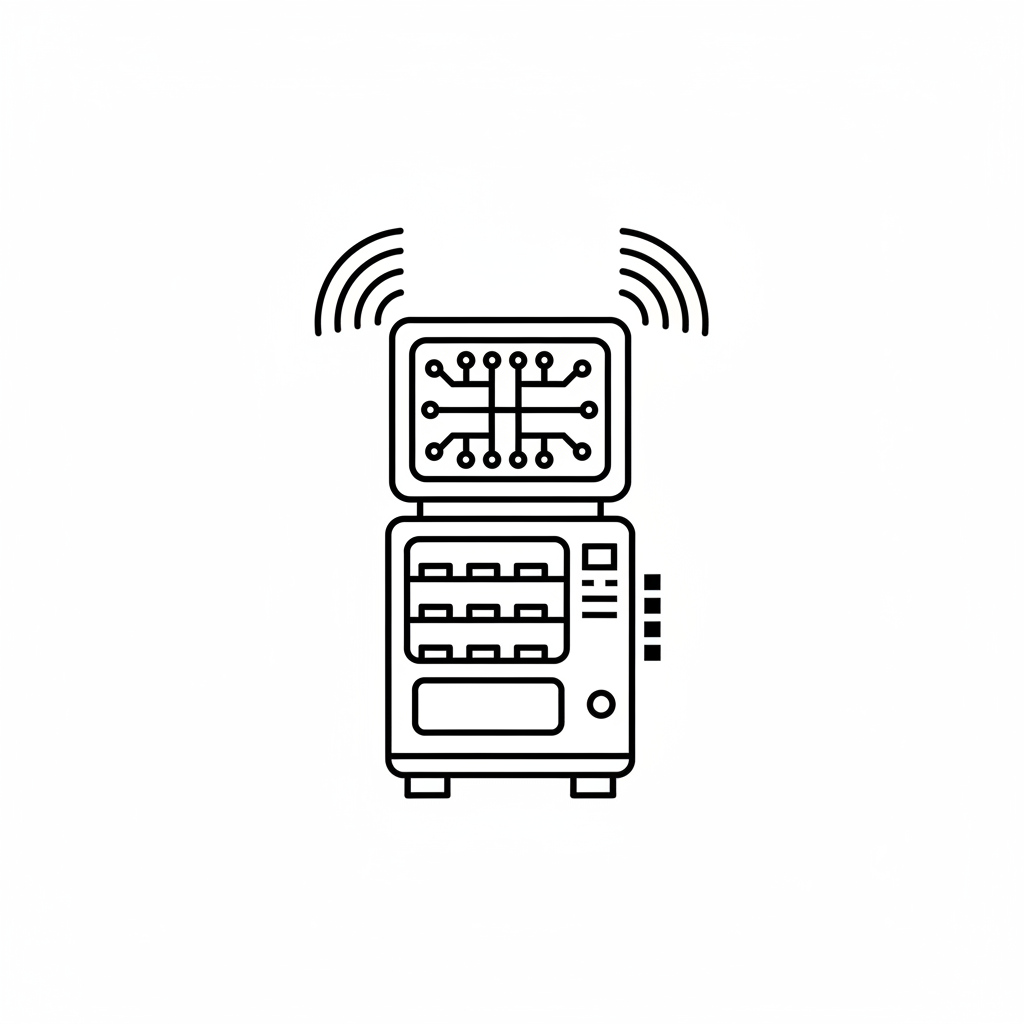 white background, black lines, smart vending technology icon