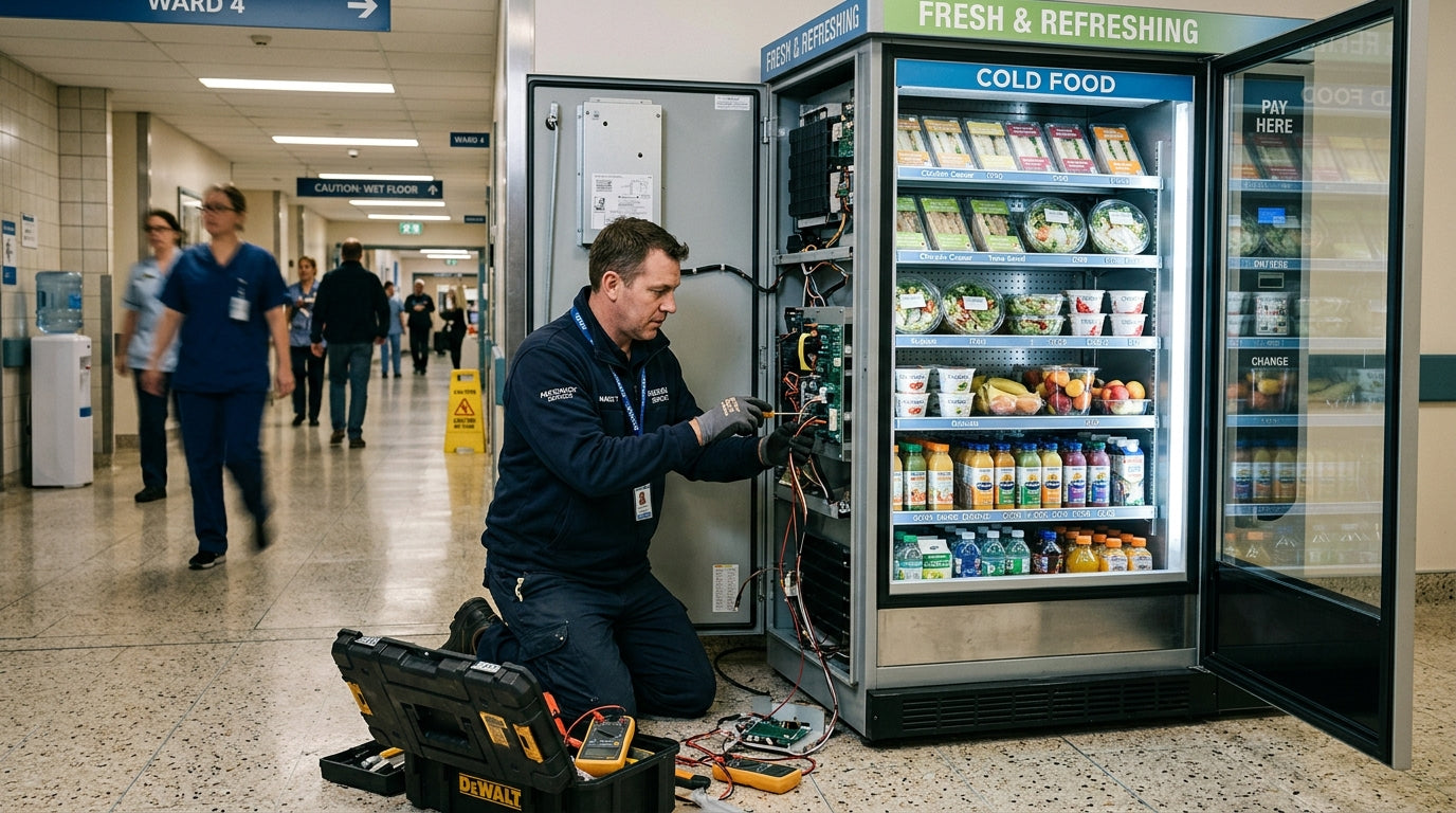 an electrician fixing a cold food vending machine
