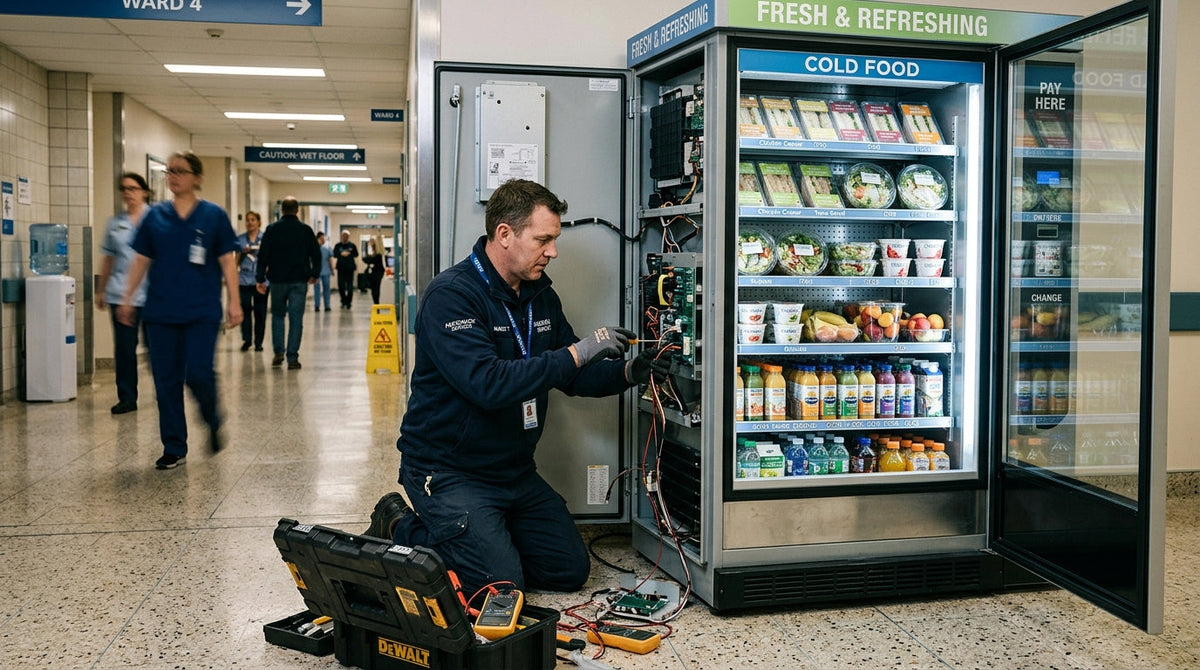 an electrician fixing a cold food vending machine