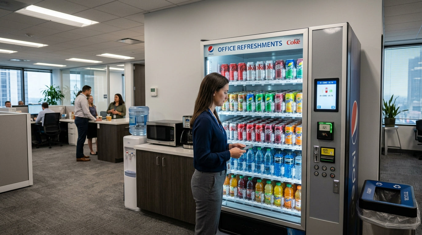 woman purchasing drink from a vending machine in an office