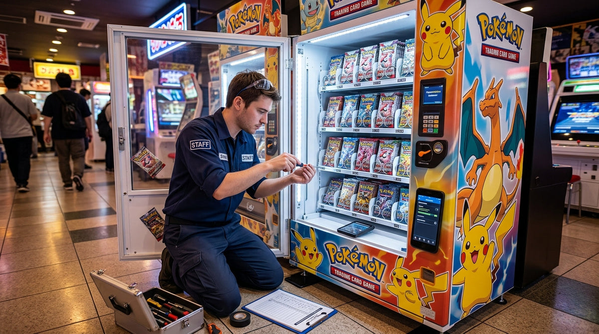 operator doing maintenance of pokemon vending machine