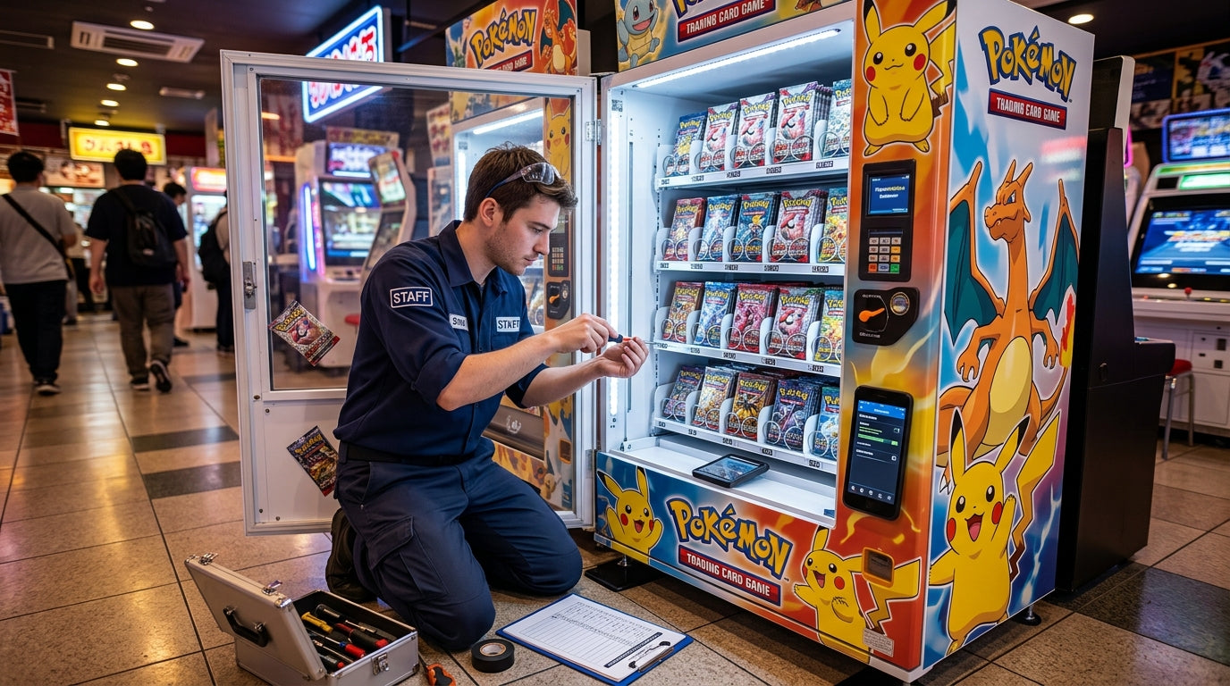 operator doing maintenance of pokemon vending machine