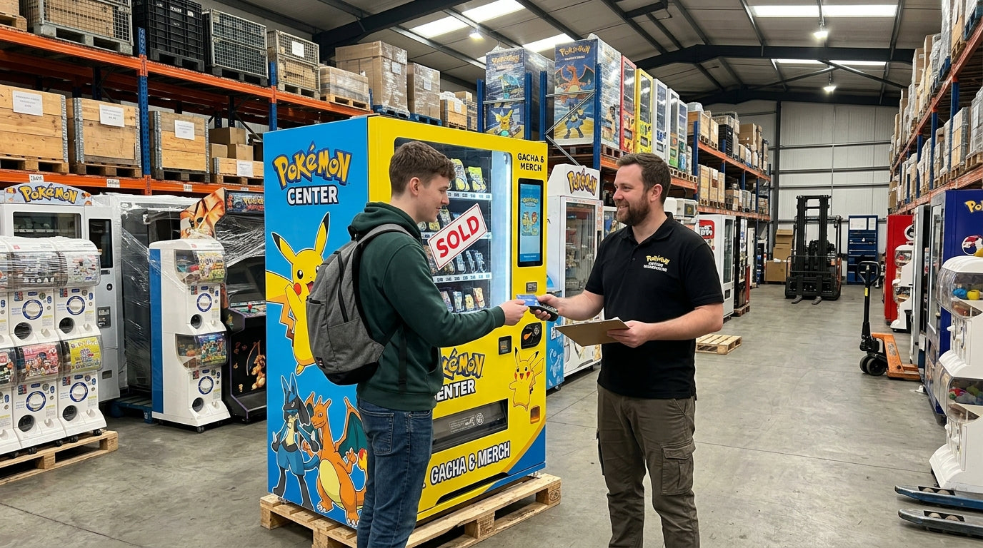person buying a pokemon vending machine from a pokemon vending machine warehouse