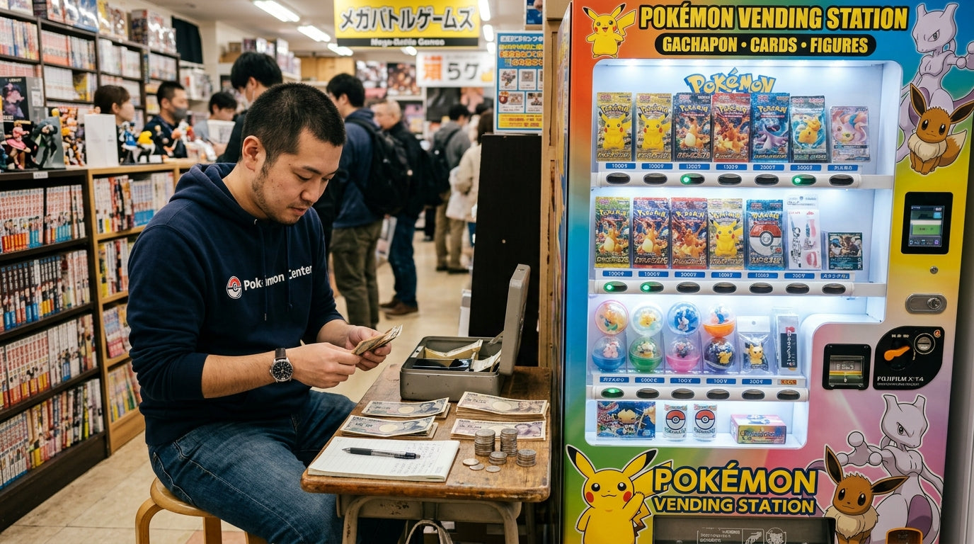 operator counting revenue from his pokemon vending machine