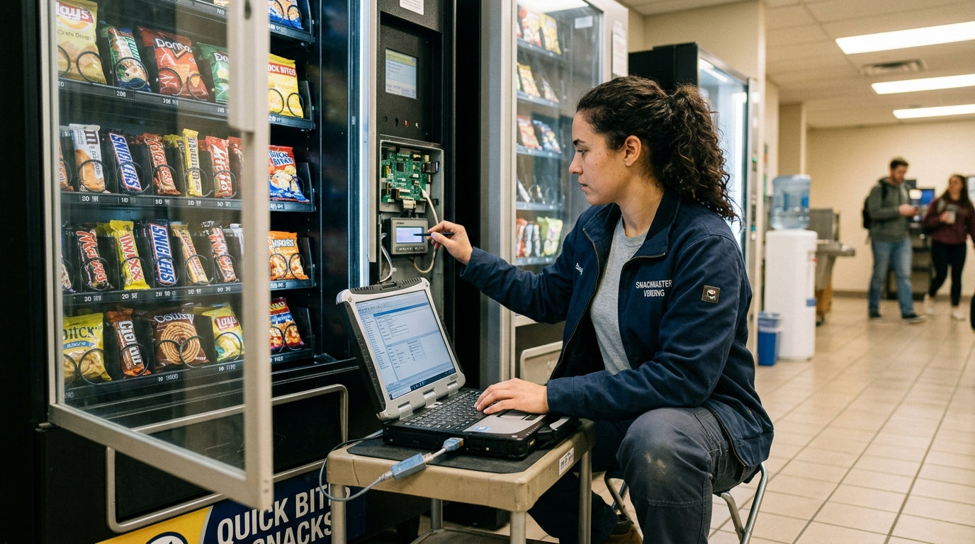 person programming a snack vending machine