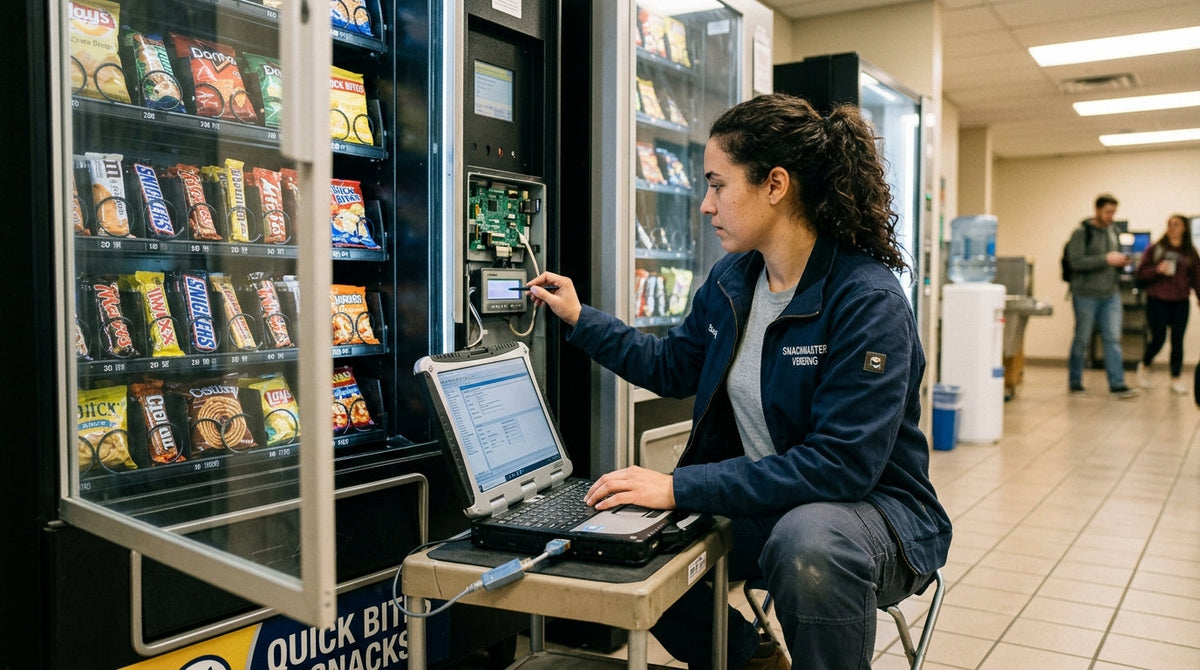 person programming a snack vending machine