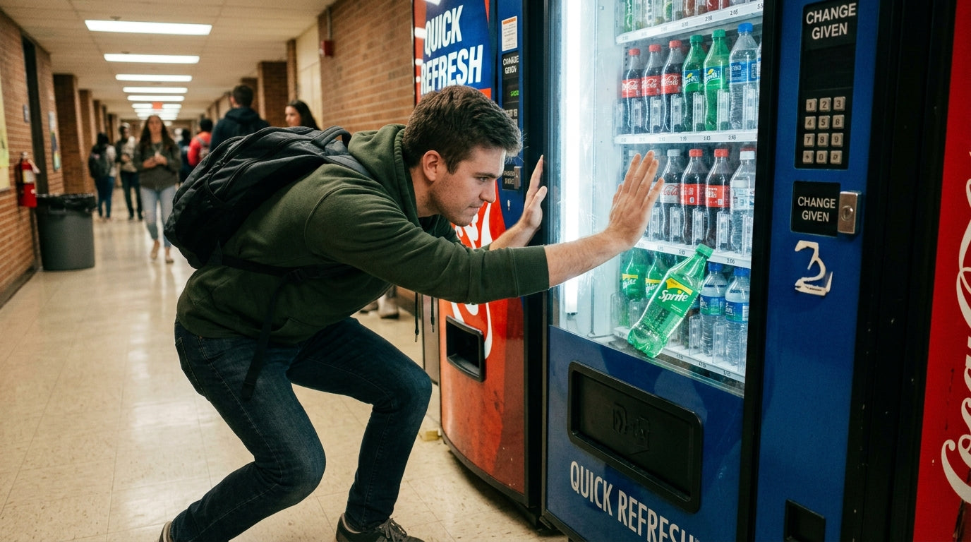 person trying to get a stuck drink out of vending machine