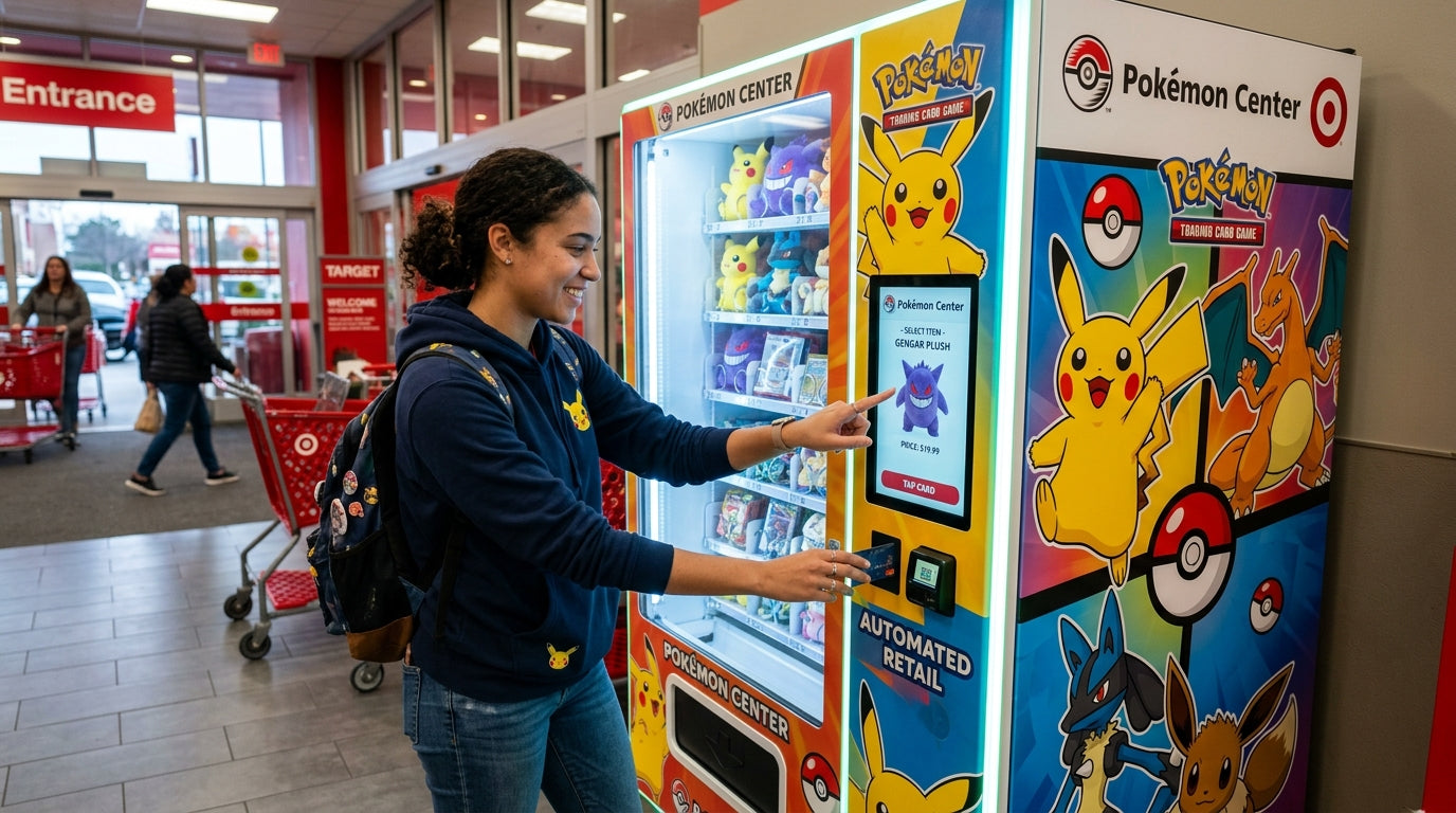 girl using a pokemon vending machine
