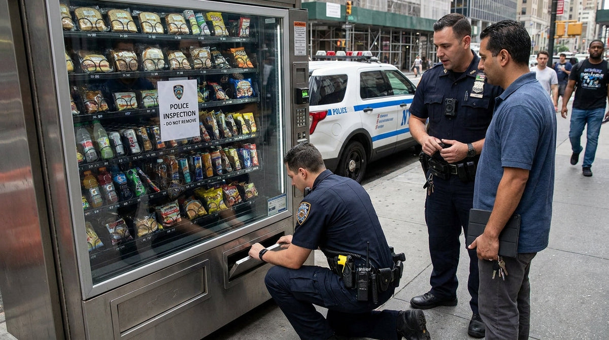 Police checking a food vending machine after a report