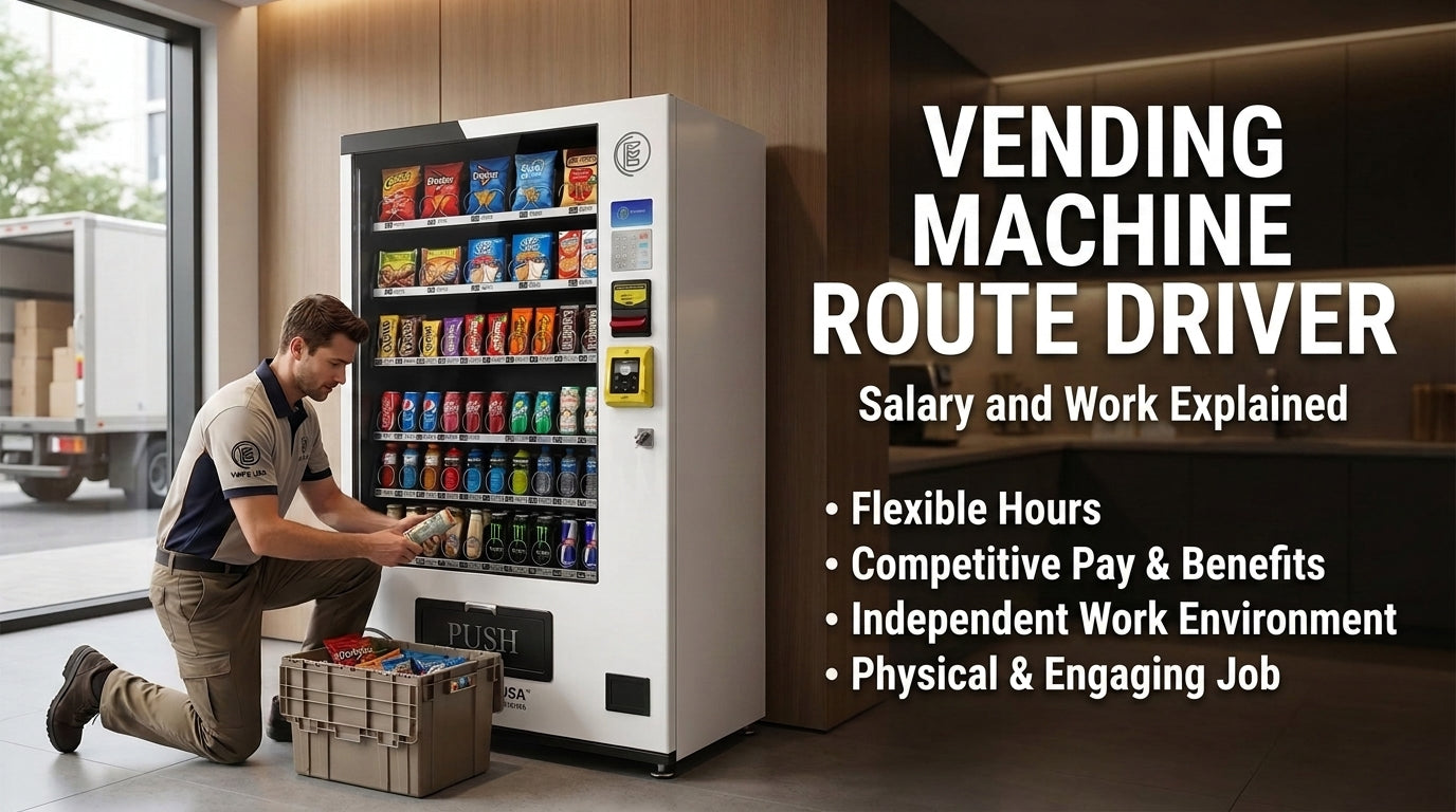 Photo of an operator restocking VMFS USA combo drink and snack vending machine with big bolt overlay text "Vending Machine Route Driver Salary and word explained"