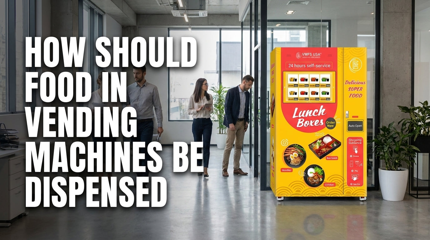 VMFS USA food vending machine in an office with big bold overlay text over image "How Should Food In Vending Machines be Dispensed