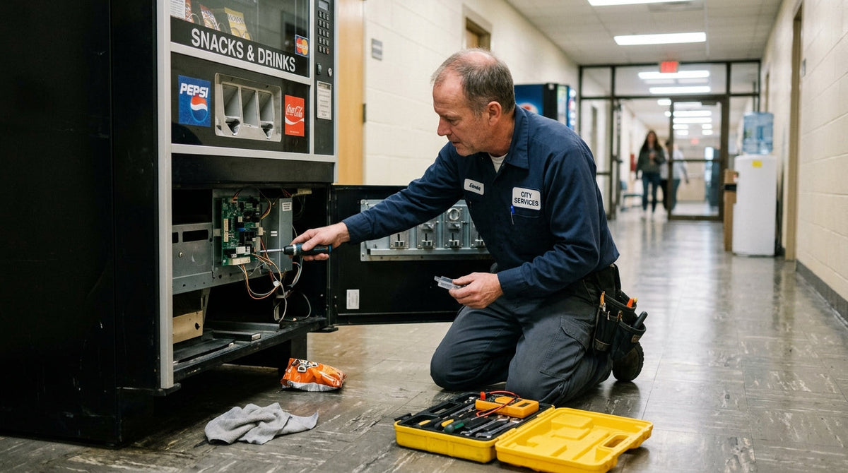 person repairing vending machine