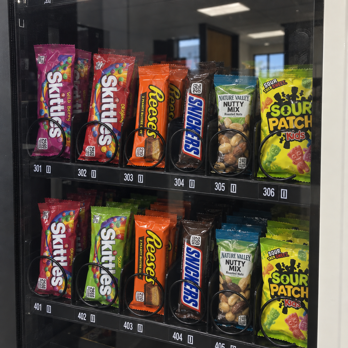 closeup of VMFS USA Snack vending machine coils with products