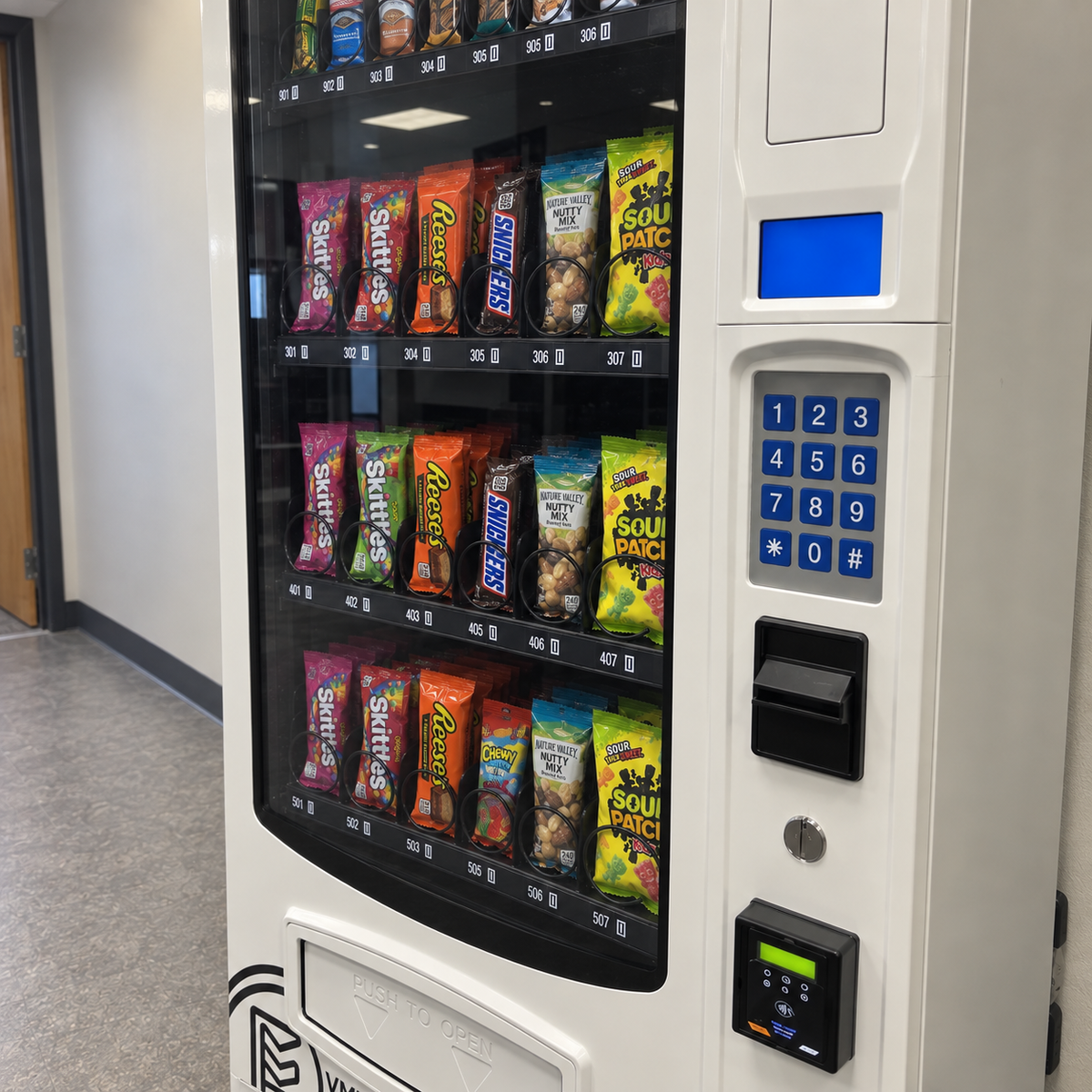 closeup of VMFS USA snack vending machine completely stocked with snacks