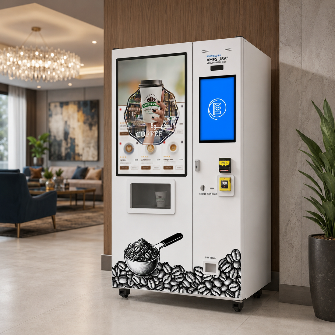 Iced coffee vending machine 22 inch touchscreen and cup size selection