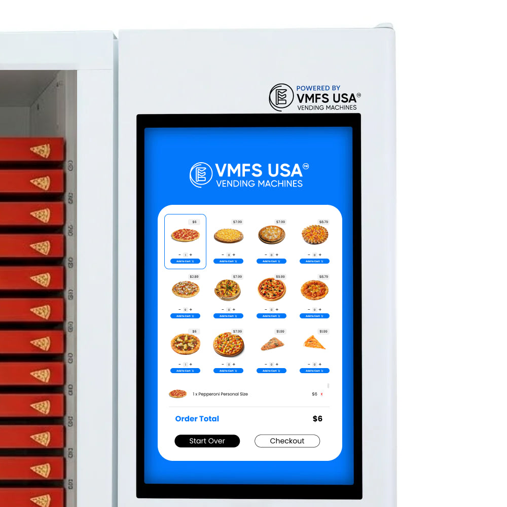 32-inch HD touchscreen and elevator delivery on the VMFS pizza vending machine