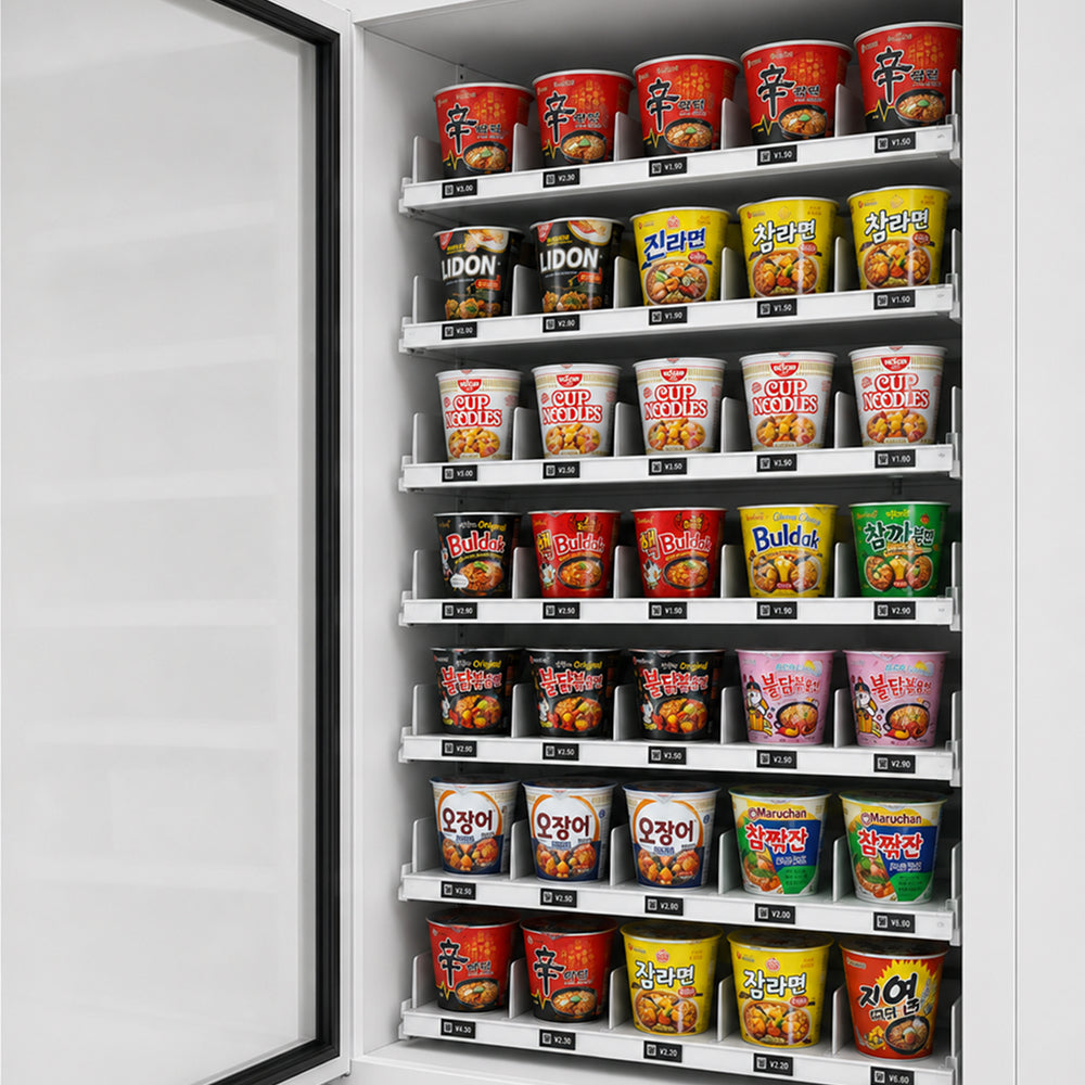 Ramen vending machine drop-down delivery and refrigerated cup storage