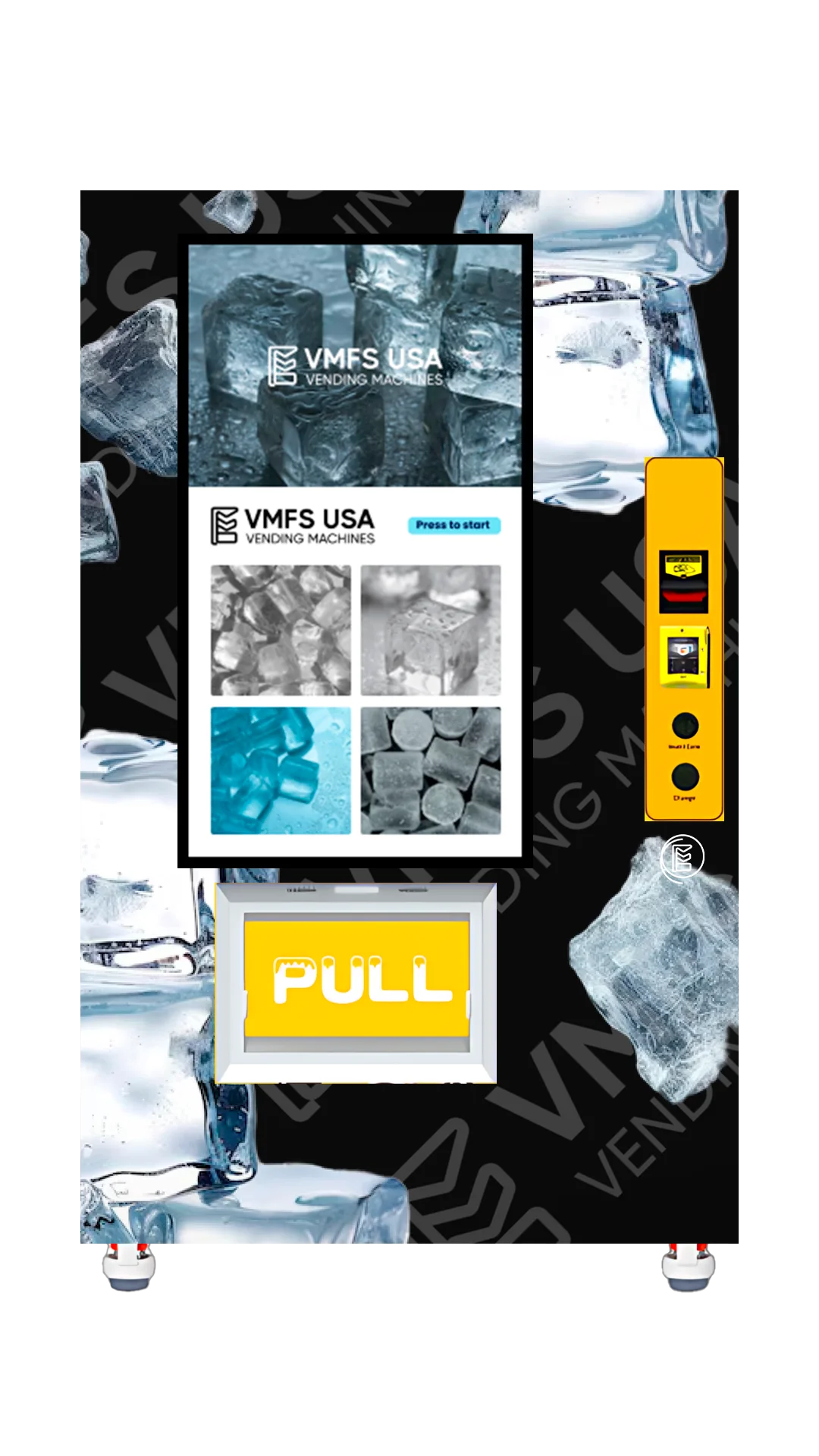 Ice vending machine with deep freeze cooling and elevator delivery by VMFS USA