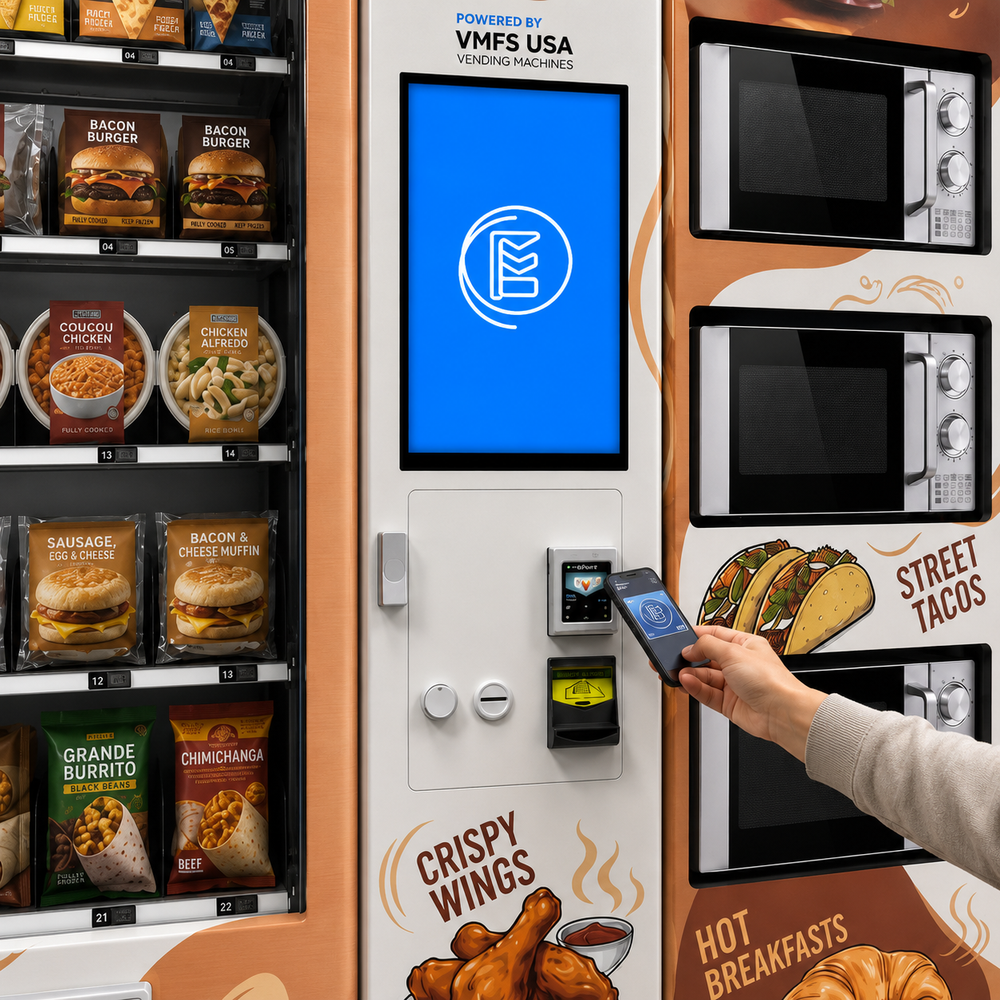 Hot food vending machine placed at a high-volume location