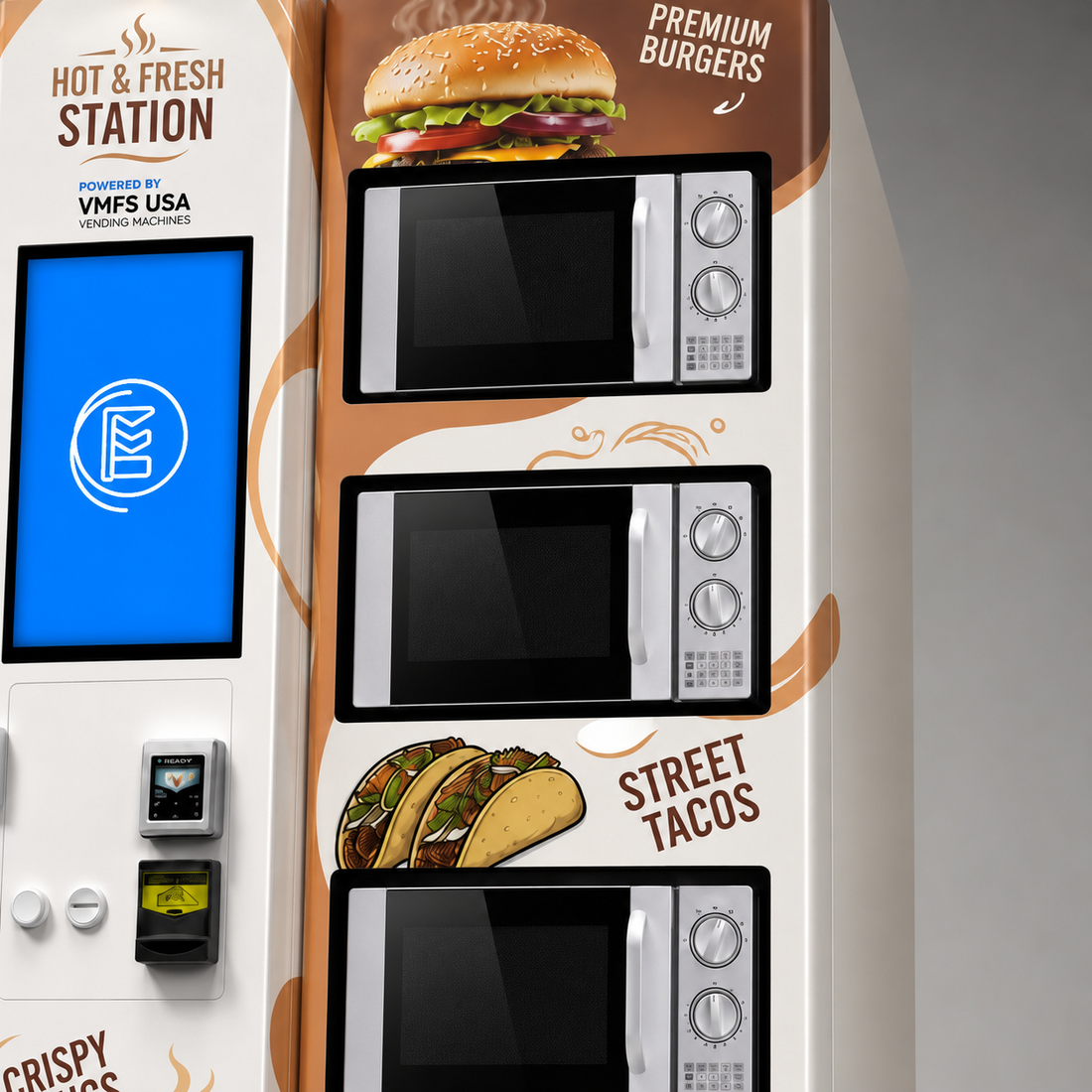 Elevator delivery and 21.5-inch touchscreen on the hot food vending machine