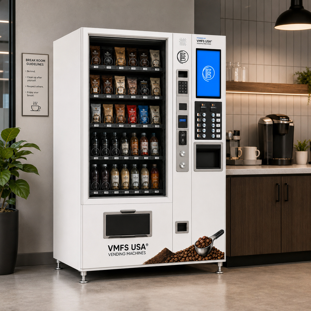 Coffee and snack vending machine placement in a corporate break room