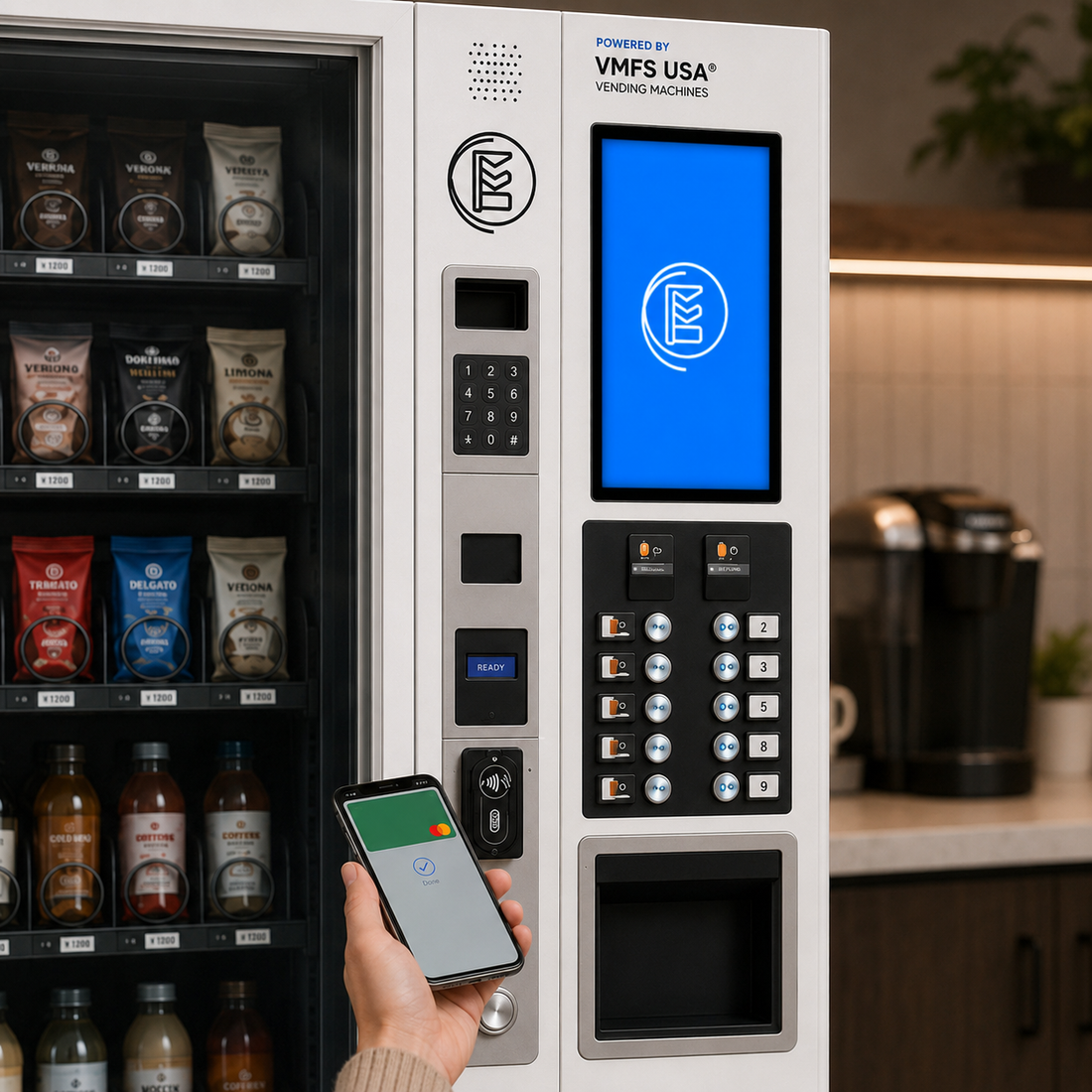 Coffee and snack vending machine in an office break room