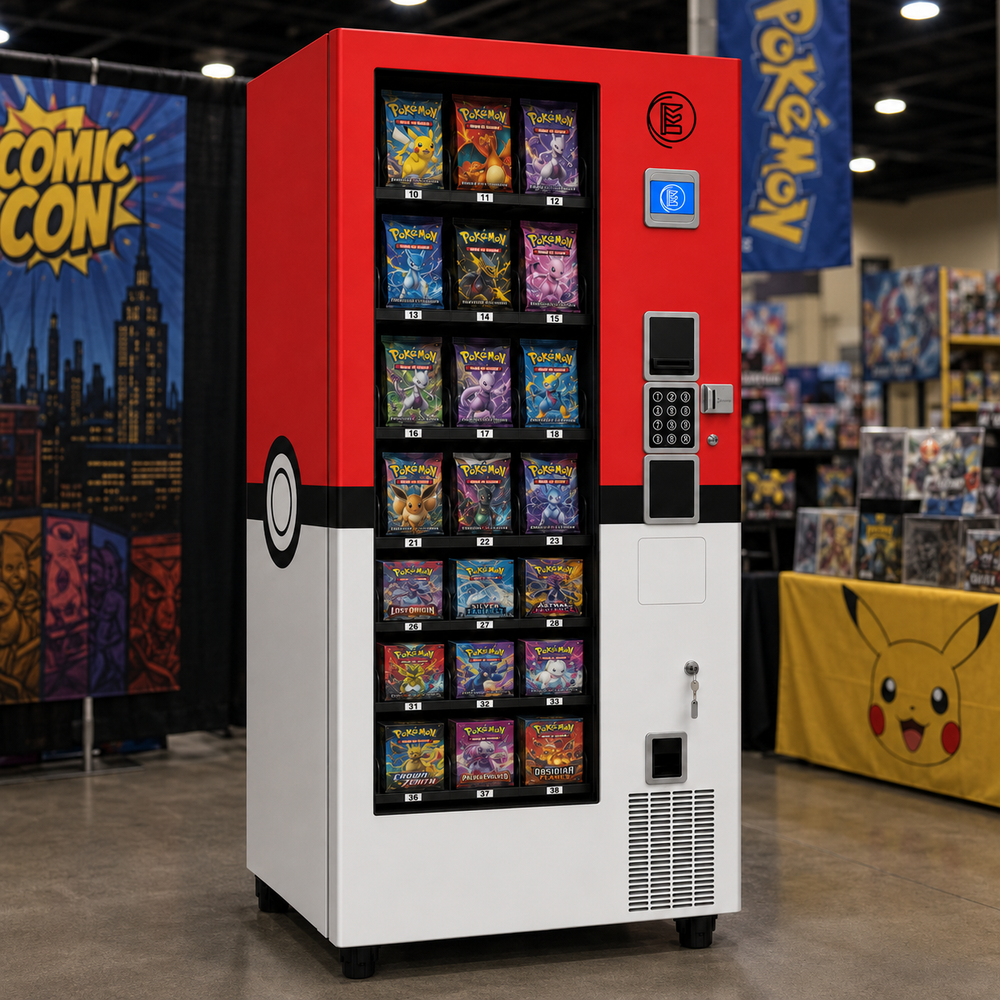 Trading card vending machine at a card shop counter