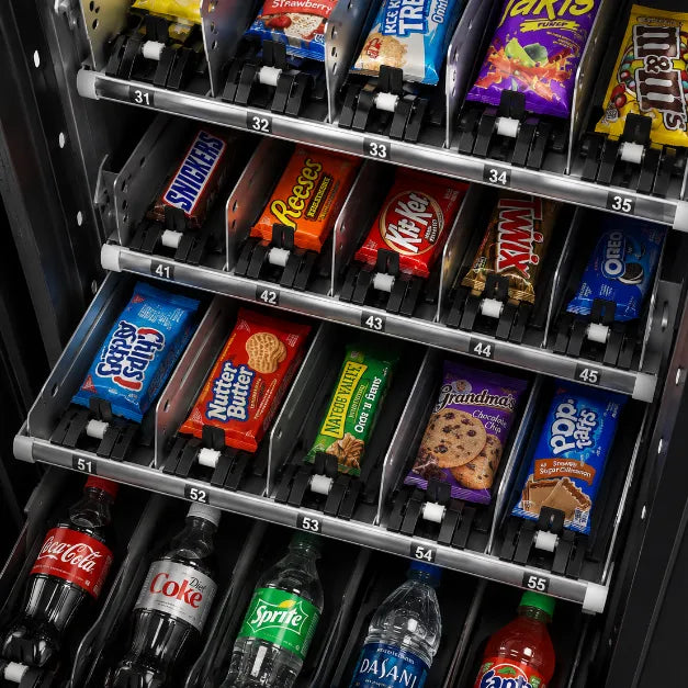 Vending machine with snacks and drinks on multiple shelves.