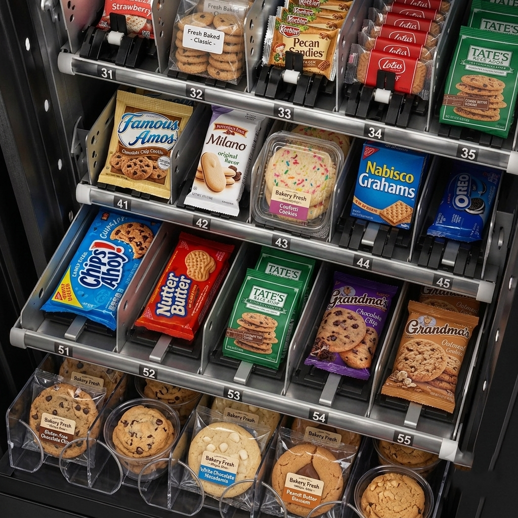 Cookie vending machine with refrigerated storage and adjustable trays