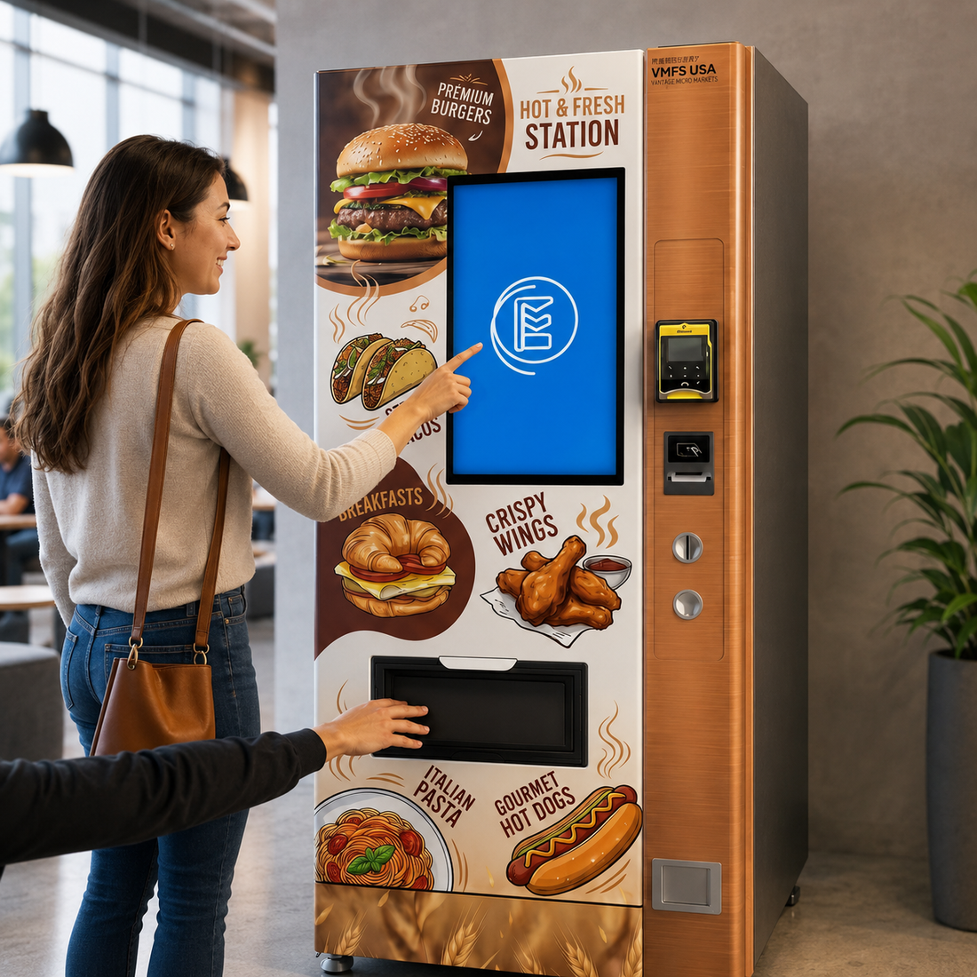 Food vending machine elevator delivery and heated meals