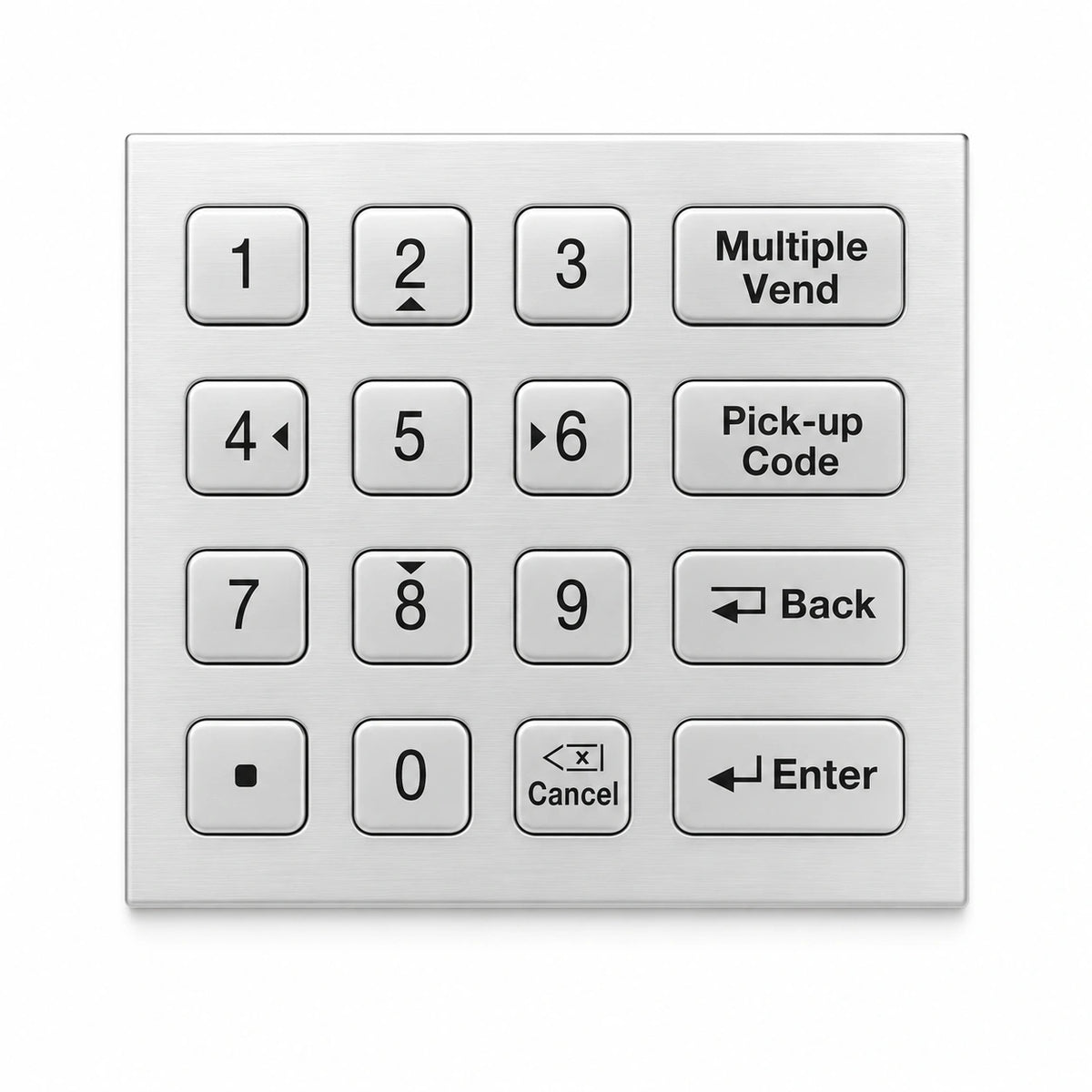Metallic keypad of smart combo vending machine with numerical and function buttons on a white background
