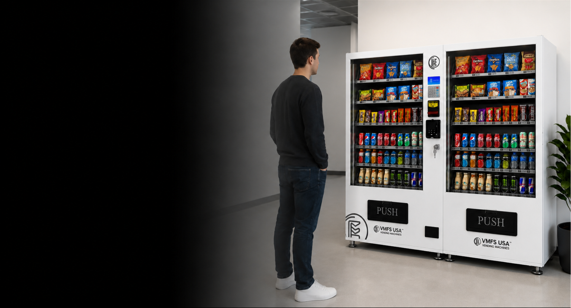 Dual combo vending machine with double-door snack and drink sections by VMFS USA