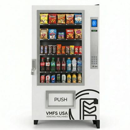 Outdoor Seaga ENV5C Combo Vending Machine filled with snacks and drinks with VMFS USA Brand logo
