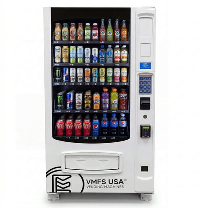 Seaga ENV5B combo Vending machine with VMFS USA logo filled with various drinks