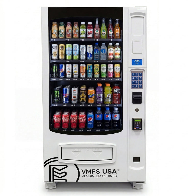 Seaga ENV5B combo Vending machine with VMFS USA logo filled with various drinks