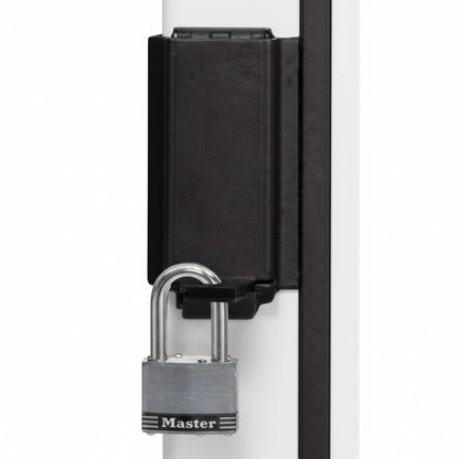 Lock on a white Seaga ENV5C Combo Vending Machin door with a black lock mechanism