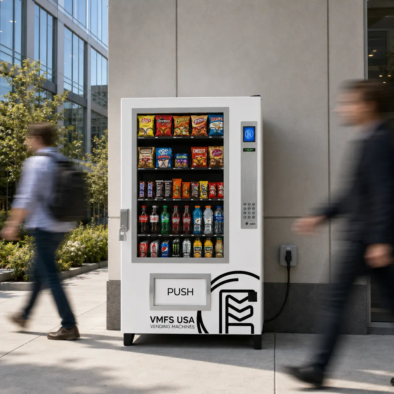 Outdoor Seaga ENV5C Combo Vending machine with snacks and drinks on a city street, with people walking by.